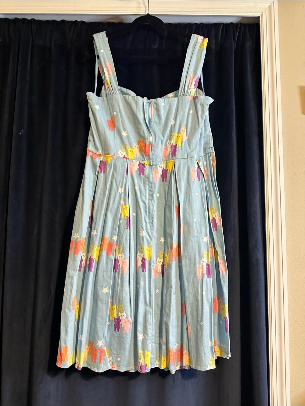 ModCloth and Collectif Light Blue Cotton Dress with Colorful cat Print - Picture 2 of 4